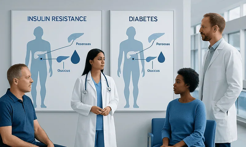 Doctor explains insulin resistance and diabetes differences to patients in a clinic.