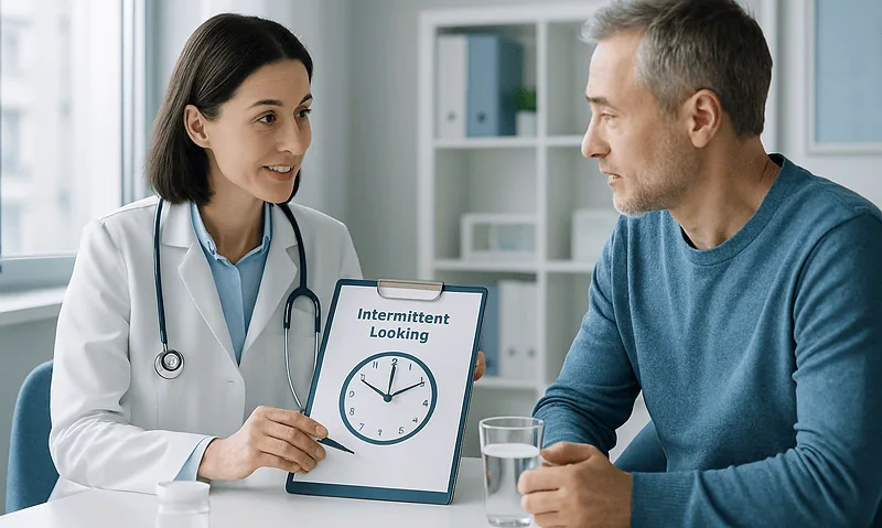 Doctor discussing intermittent fasting with patient in a clinic setting.