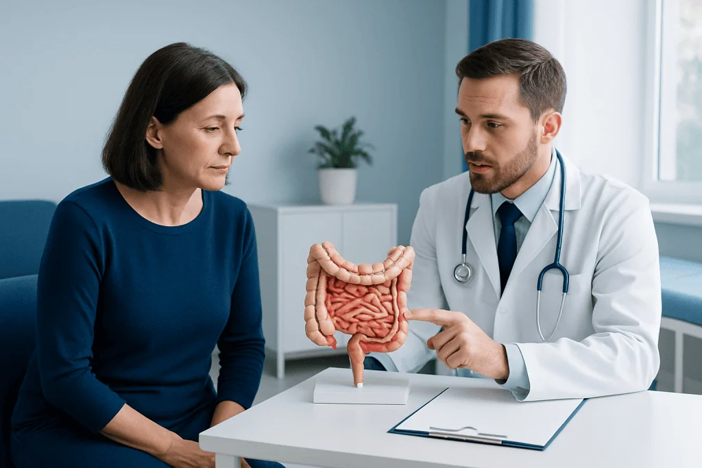 Doctor explaining intestinal health to a patient with a model of intestines.