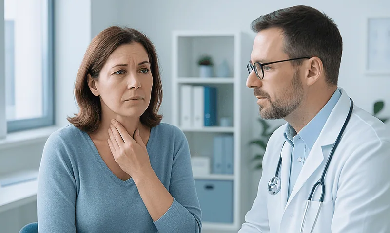 Doctor consulting with a woman patient in a medical office.