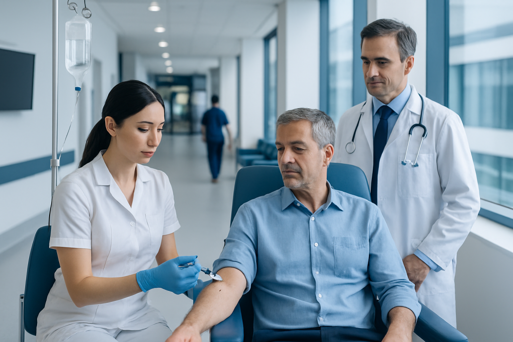 Iodine Injection: How It Works, Results and What to Expect 1 Doctor administering iodine injection to patient in hospital corridor.