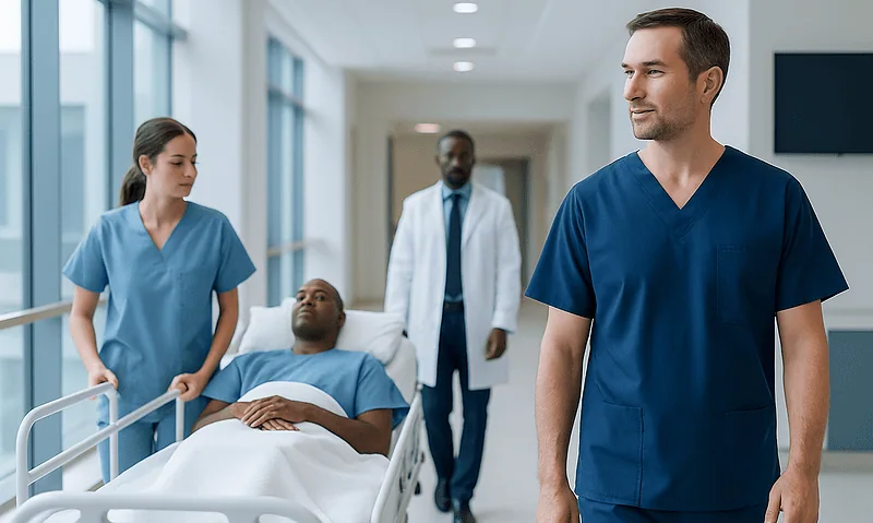 Medical team preparing patient for procedure in hospital corridor.