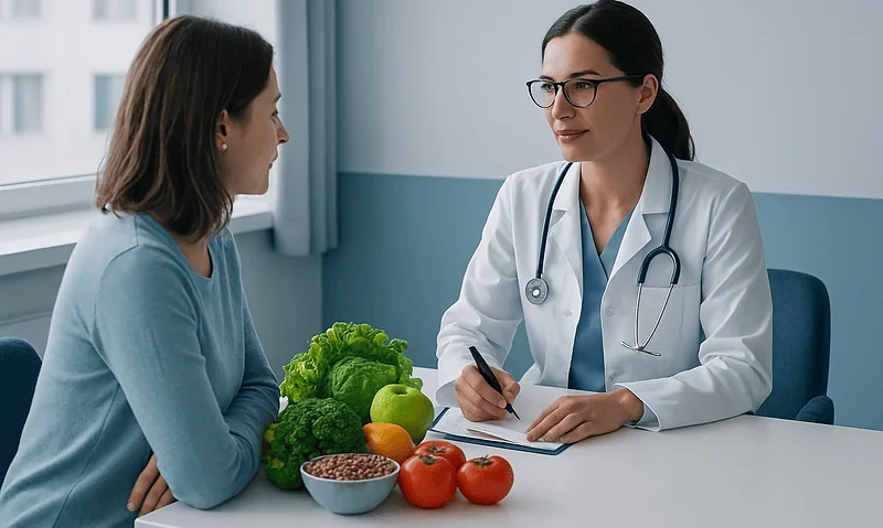 Doctor consulting a patient about nutrition and health at clinic.