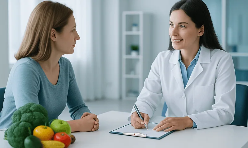 Doctor consulting with a patient about iron-rich foods and absorption strategies.