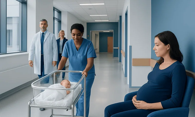 Newborn baby in hospital bassinet with medical staff and mother nearby.