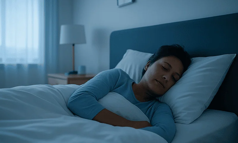 Woman sleeping peacefully in a modern bedroom with blue tones.