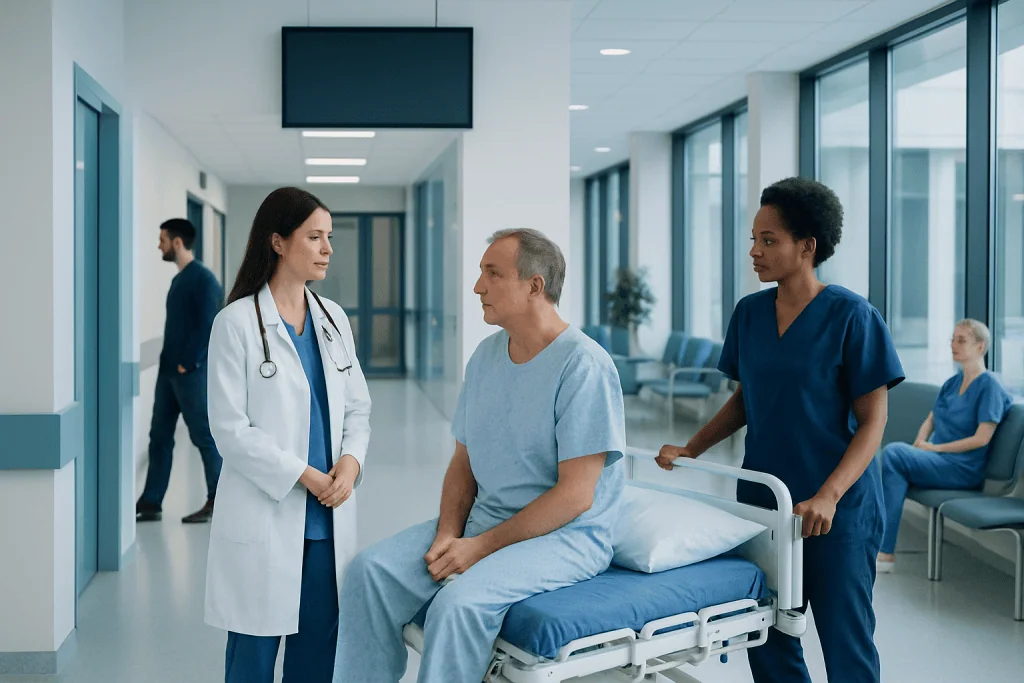 Is a Biopsy an Operation: Procedure, Recovery and Results 1 Doctor consulting patient in hospital corridor with nurses nearby.