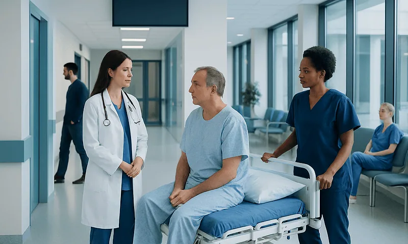 Is a Biopsy an Operation: Procedure, Recovery and Results 6 Doctor consulting patient in hospital corridor with nurses nearby.