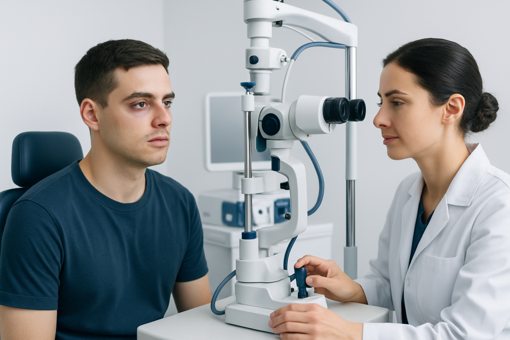 Ophthalmologist examining a patient's eye with a slit lamp microscope.
