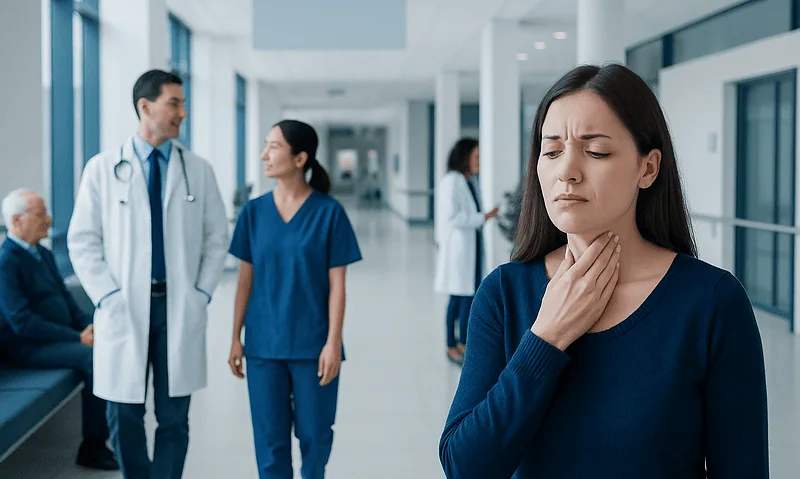 Young woman with sore throat at hospital, healthcare professionals in background.