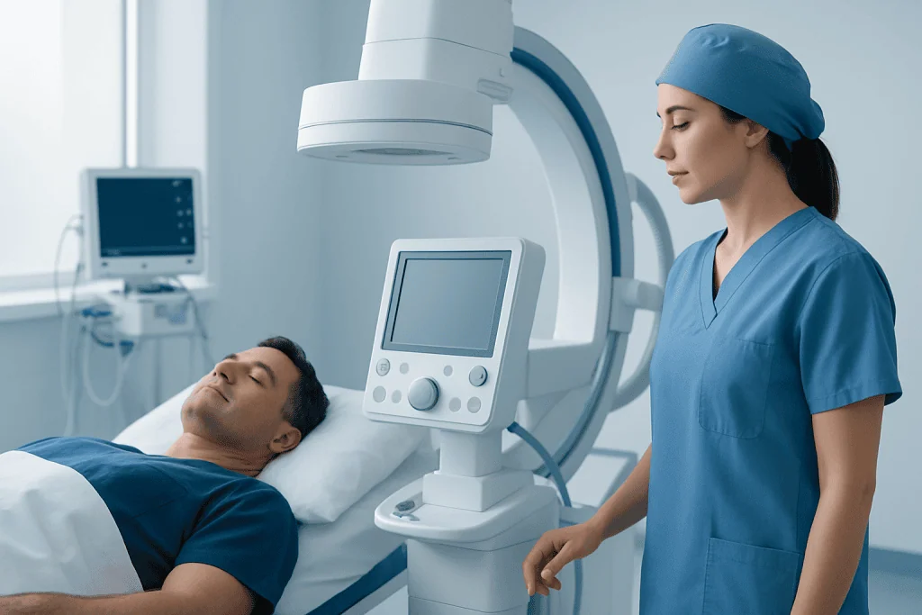 Medical professional prepares patient for imaging procedure in hospital.