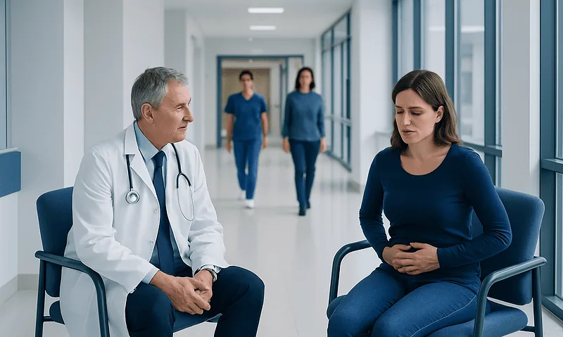 Doctor consulting a patient in a hospital corridor.