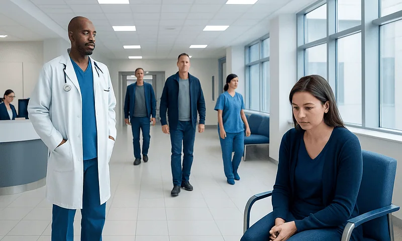 Medical staff and patients in a hospital corridor at Acibadem Hospitals Group.