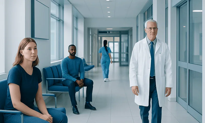 Doctor and patients in hospital corridor at Acibadem Hospitals Group.