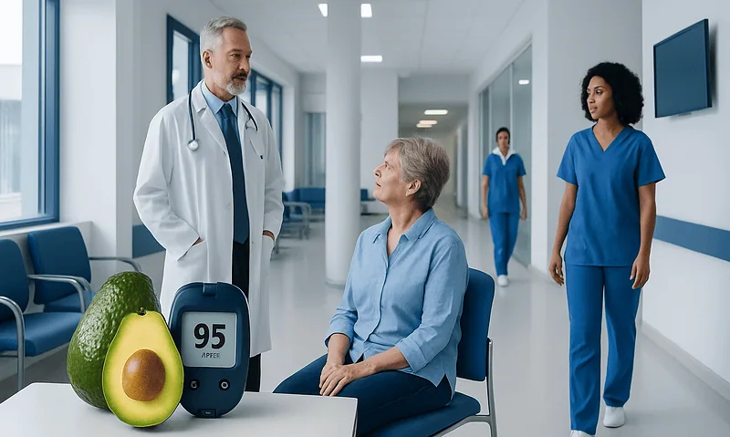 Doctor consulting with elderly patient in hospital with avocado and blood sugar monitor.