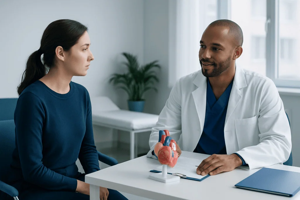 Doctor explaining heart health to a patient with a model of a heart.