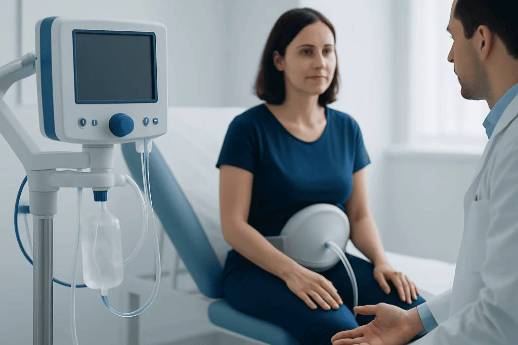 Patient undergoing medical examination for bowel and bladder health at Acibadem Hospital.