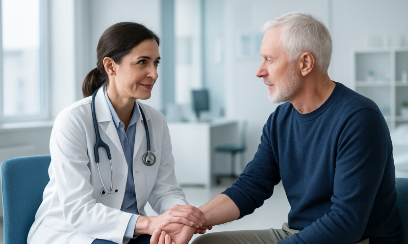 Doctor and patient having a consultation in a medical office.