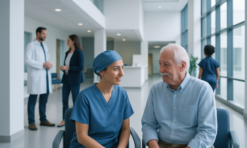 Is Cataract Surgery Covered by Insurance: Procedure, Recovery and Results 3 Healthcare professional consulting elderly patient in hospital lobby.