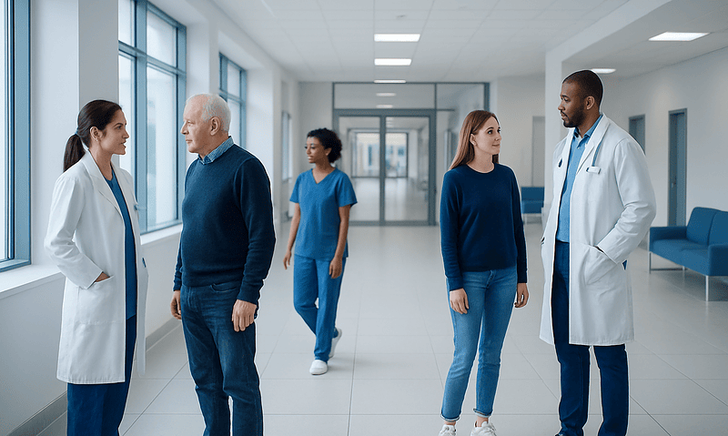 Medical professionals and a patient conversing in a hospital corridor.