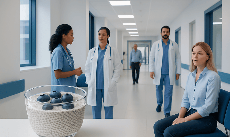 Medical team discussing in hospital corridor with a bowl of blueberries and oats on table.