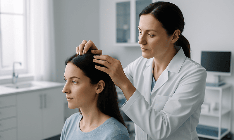 Medical professional examining a woman's scalp in a clinical setting.