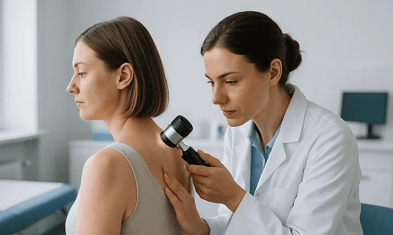 Doctor examining patient's back with a dermatoscope in a clinical setting.