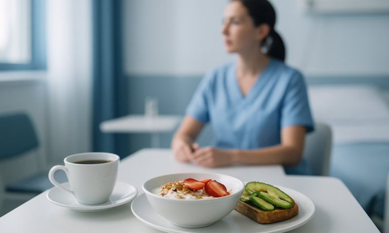 Nurse with healthy breakfast including coffee, oats, and avocado in hospital room.