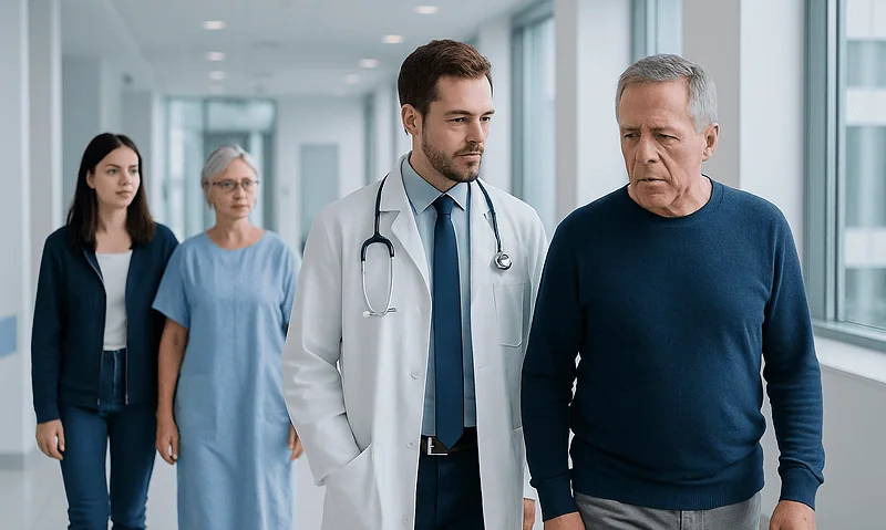 Doctor consulting with an elderly male patient in hospital corridor.
