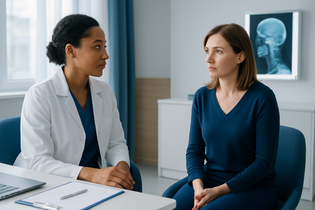 Doctor consulting with patient in a medical office with brain scan image.