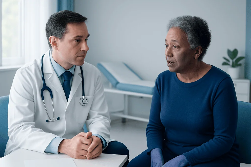Doctor consulting with an elderly patient in a medical office.