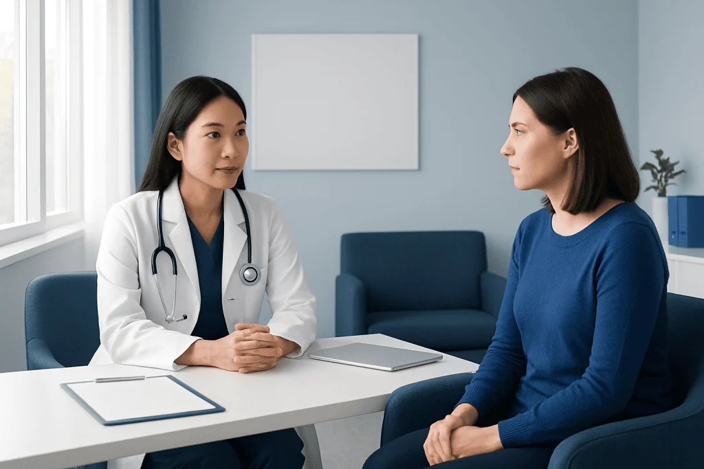 Doctor consulting with a patient in a modern medical office.