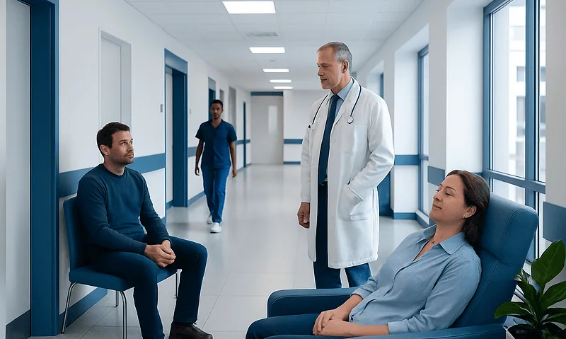 Doctor consulting with patients in a hospital corridor at Acibadem Hospitals Group.
