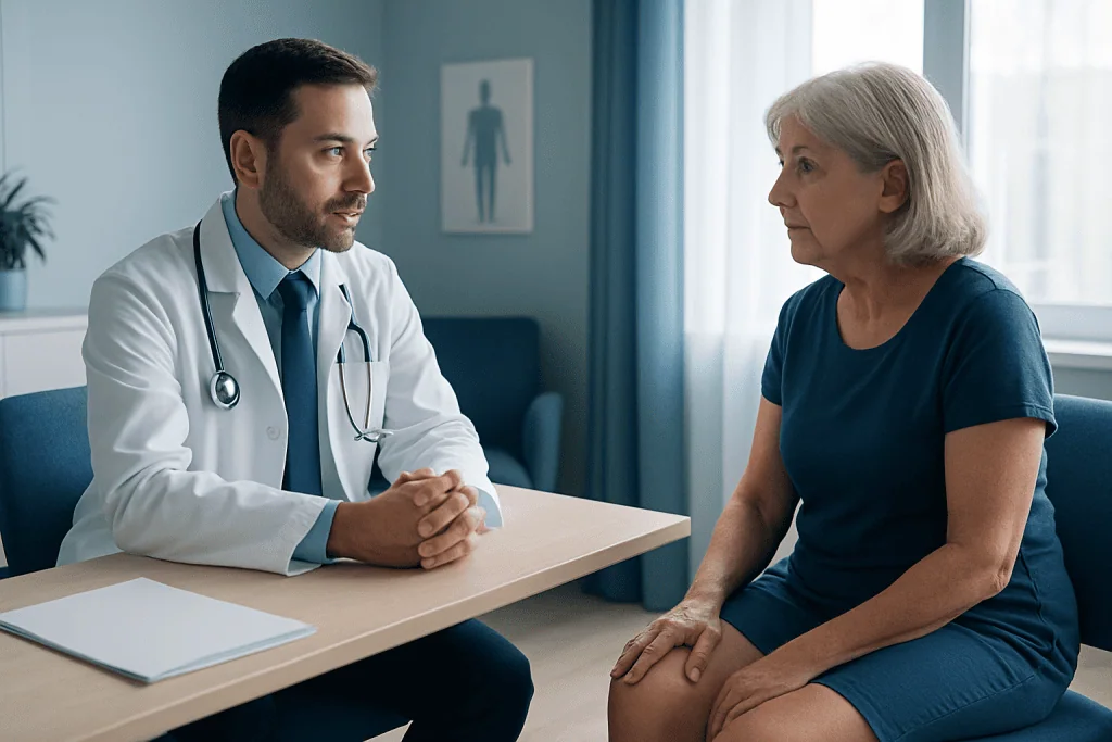 Doctor consulting with an elderly woman in a medical office.