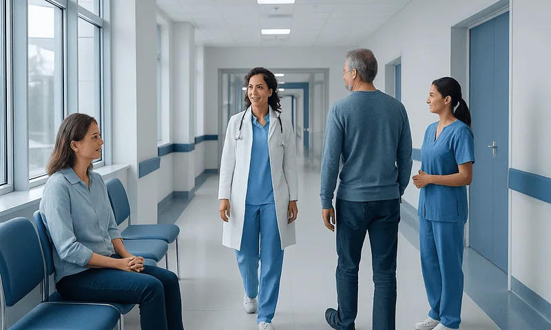 Healthcare professionals and patient in hospital corridor.
