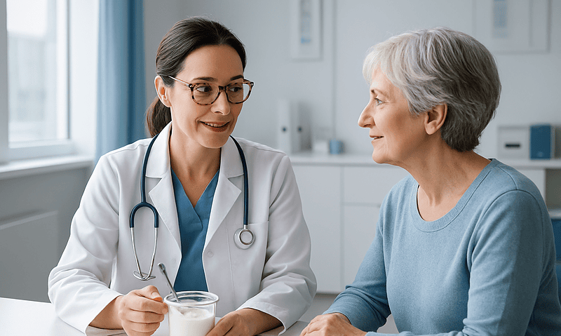 Doctor talking to elderly woman about health with yogurt in hand.