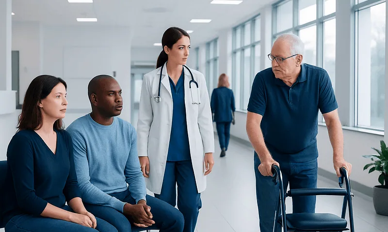 Healthcare professionals and patient in a hospital corridor.