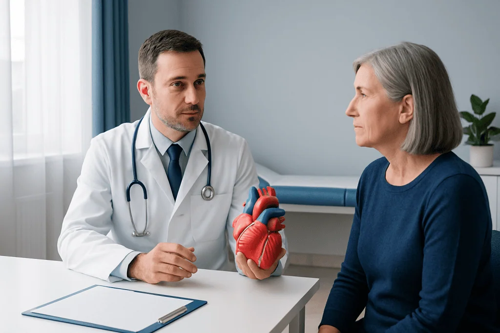 Cardiologist explaining heart valve model to senior woman patient in clinic.