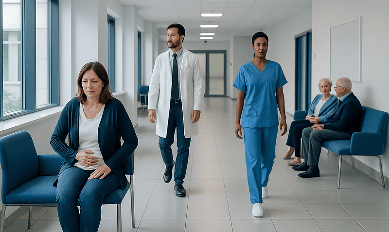 Patients waiting in a hospital corridor with medical staff walking by.