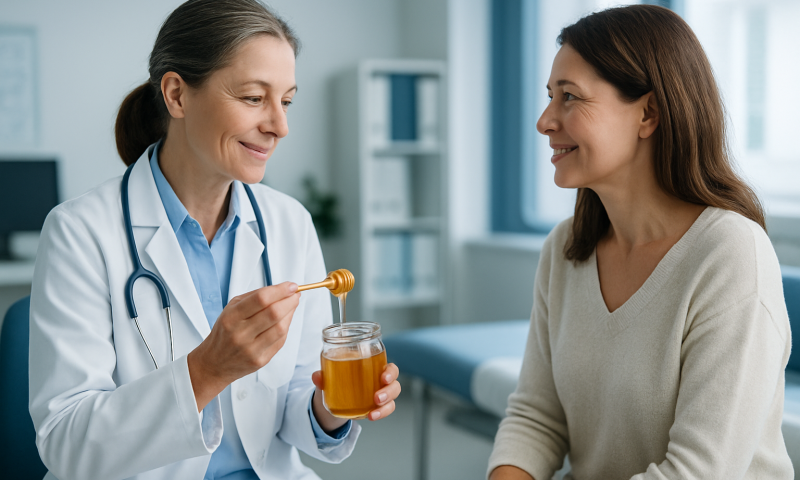 Doctor offering honey to a patient in a medical consultation.