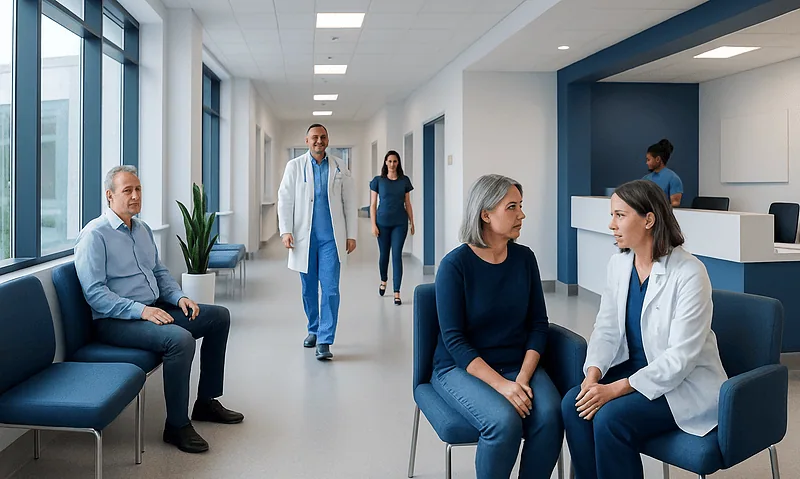 Patients and doctor in a hospital waiting area at Acibadem Hospitals Group.