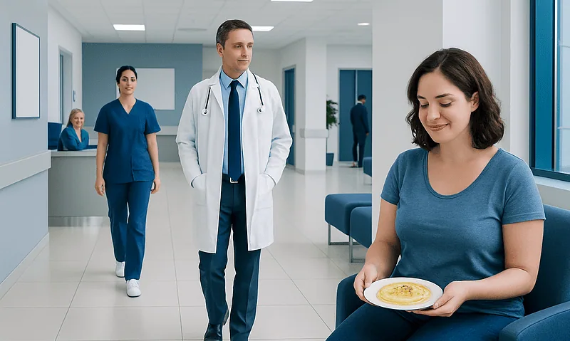 Doctor and nurse with patient in hospital corridor.