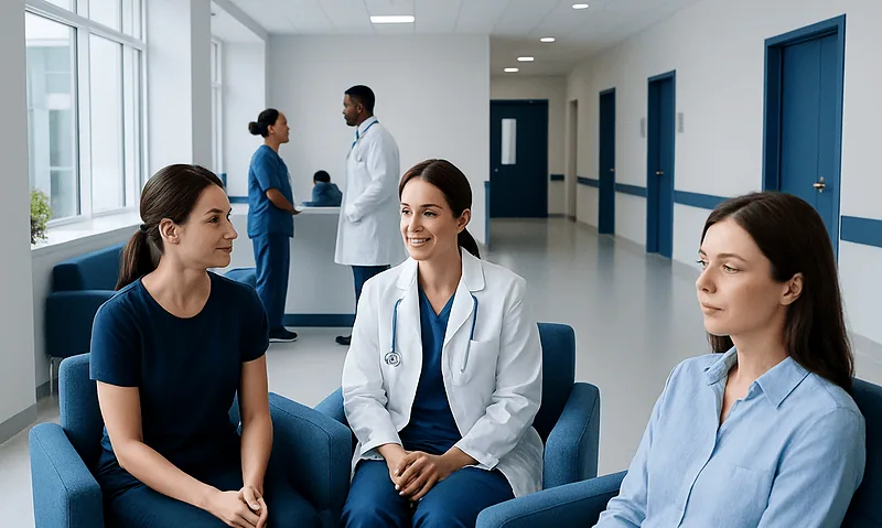 Medical professionals consulting patients in a modern hospital corridor.
