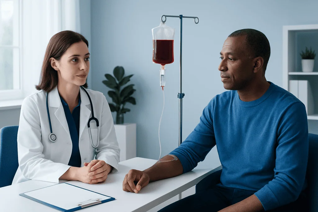 Doctor consulting with patient during blood transfusion in hospital.