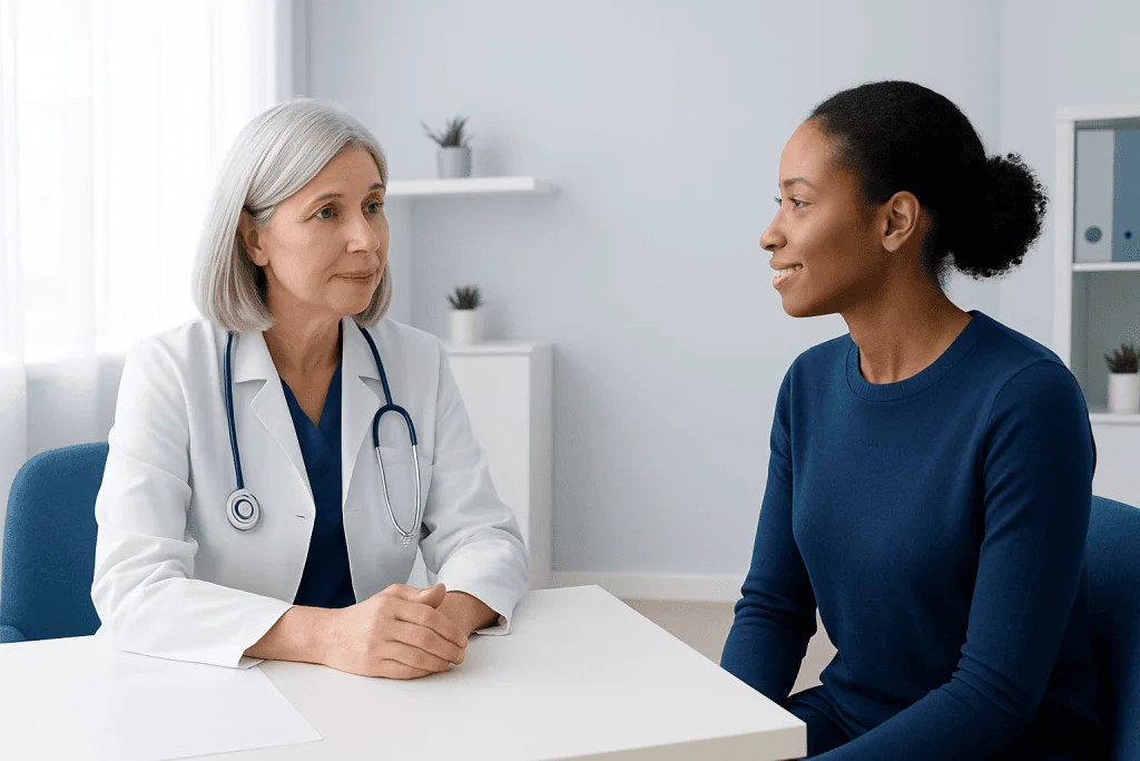 Doctor consulting with a patient in a modern medical office.