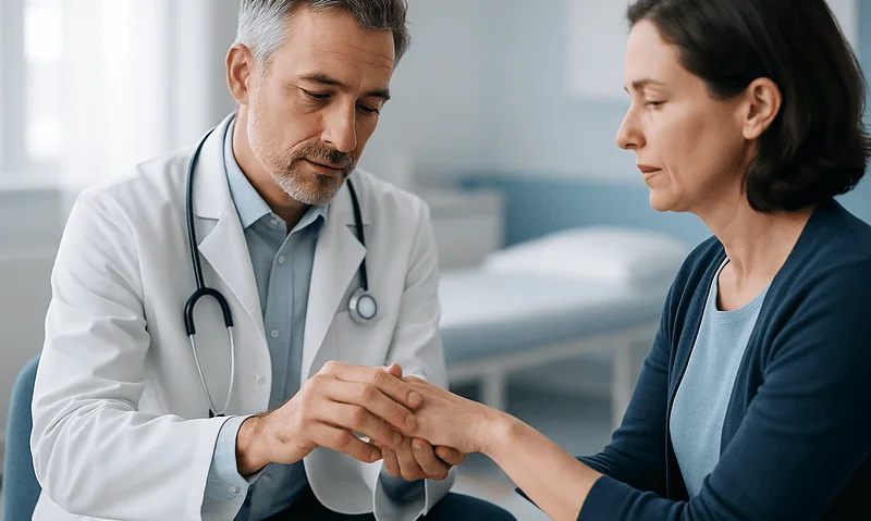 Doctor examining a patient's hand in a medical consultation room.