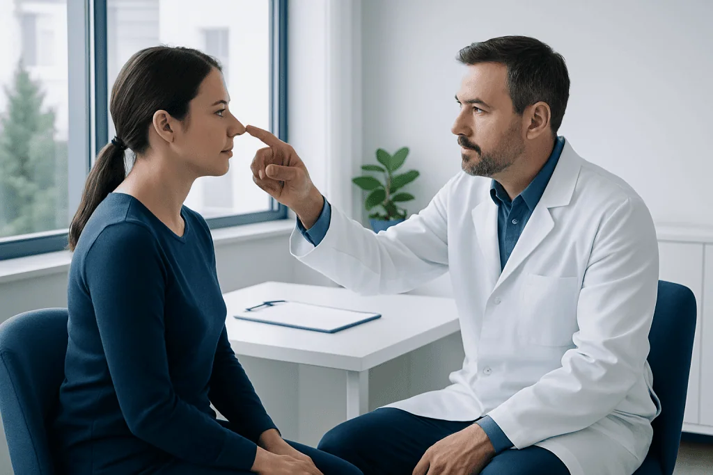 Doctor examining patient's nose during consultation at hospital.