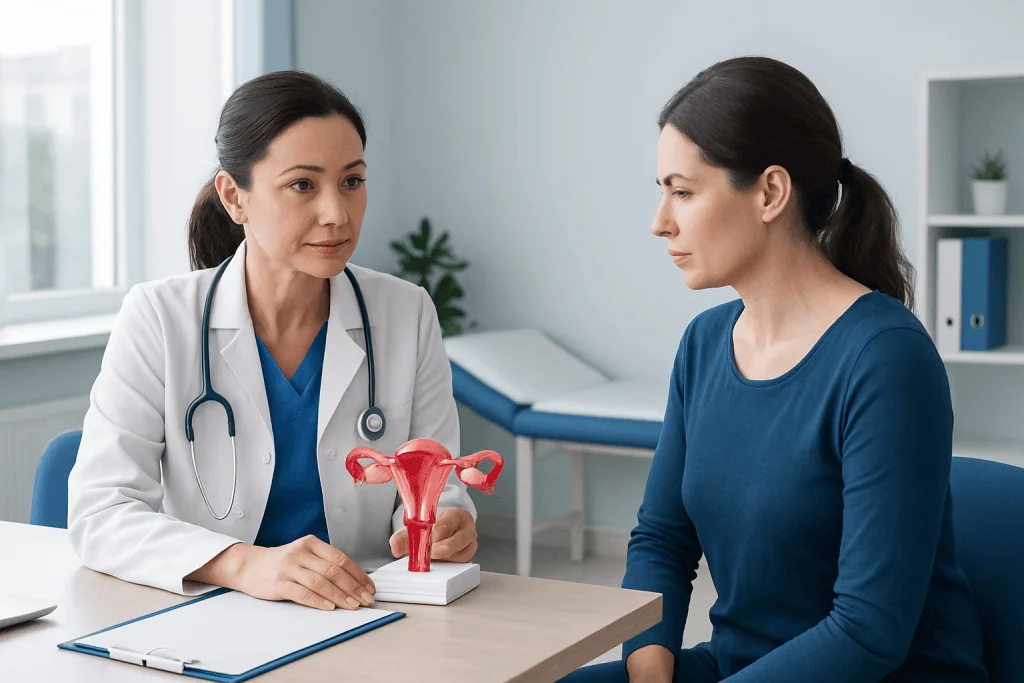 Gynecologist explaining female reproductive system to patient in clinic.