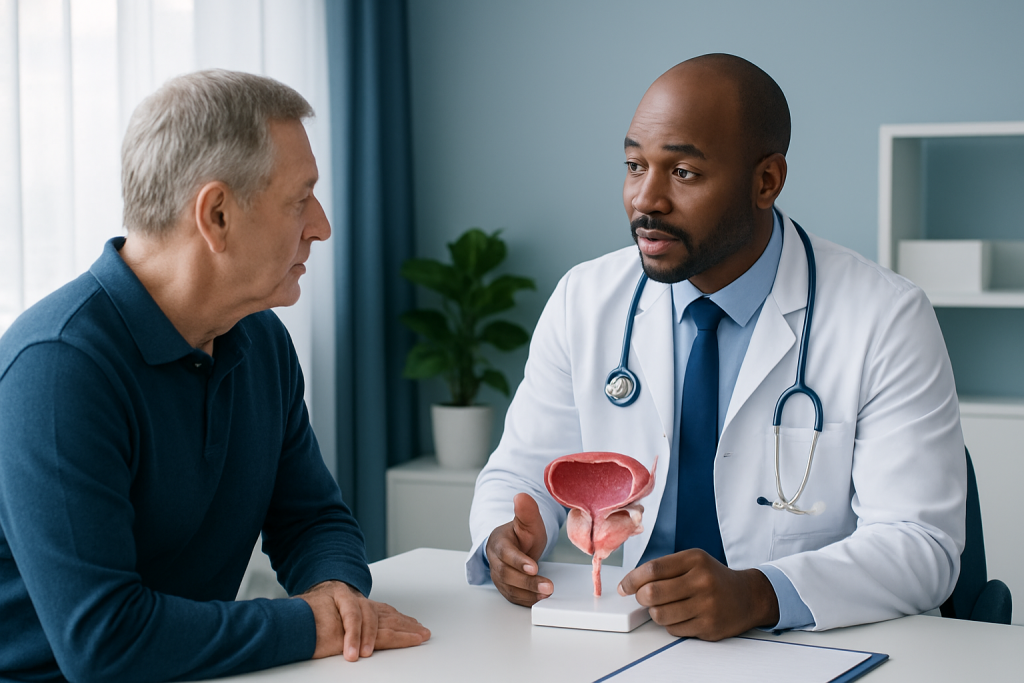 Urologist explaining prostate health to an older male patient in a clinic.