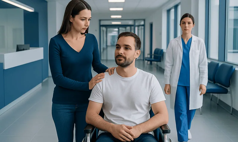 Doctor consulting with patient in hospital corridor with nurse nearby.